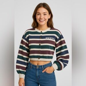Vtg 90s Rockies Vintage Striped Button Crop Sweater Size XL 100% Cotton Retro